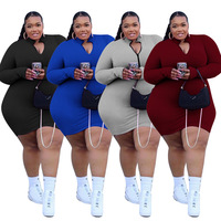 Qualität dicke Frau Mode 5XL plus Größe Frauen Kleid hoch dehnbar Reiß verschluss Bodycon Langarm Kleider einfarbig Sommer lässig