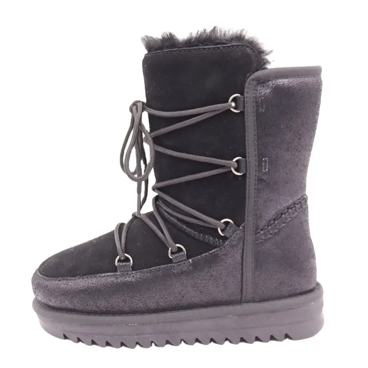 CF-136 Free Samples Cow Leather And Suede Lace Up Women Winter Boots With Real Fur
