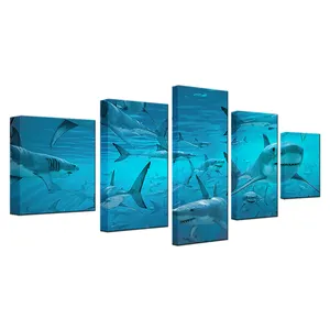 mar animales foto Suppliers-Póster de lona para pared, impresiones de animales, imágenes azules de tiburón de aguas profundas, pinturas cálidas para decoración del hogar y la sala de estar, 5 piezas