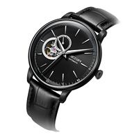 Montre mécanique automatique pour homme, cadran argenté, fenêtre à cœur ouvert, affichage 24 heures, bracelet en cuir noir