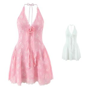 Nouvelle robe moulante en dentelle, couleur unie, élégante, mini, col halter, sans manches, dos nu, sexy pour femme - Product Image 1