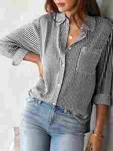 Blusa de Manga Larga con Cuello Polo y Estampado a Rayas para Mujer, Estilo Casual, Holgada, a la Moda, Combinable con Todo, Camisa Elegante Vintage para Mujer - Product Image 3