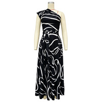 Gaun Midi Wanita Satin Bermotif Satu Bahu dengan Ikat Pinggang, Slit Samping, Saku, Elegan untuk Pesta Pernikahan dan Acara Lainnya