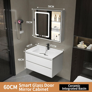 Specchio LED Intelligente ZYTH da Parete, Mobile Bagno Moderno in Legno Massello Bianco con Ante in <span class=keywords><strong>Vetro</strong></span> e Lavabo in Ceramica per Hotel e Appartamenti - Product Image 2