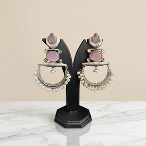 Oxidized Silver Plated Chandbali Jhumka <b>Earrings</b> <b>Pink</b> Monalisa Stone <b>Pearl</b> Beaded Women Party Indian Ethnic Jewelry Wholesale - Product Image 5