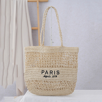 Fourre-tout d'été en paille brodée à la main, fourre-tout évidé de plage, sac à bandoulière pour femmes