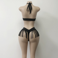 Ensemble de danse de salon deux pièces pour femme, style bikini, avec strass AB, sexy et exotique, en nylon à franges, comprenant un haut et un string