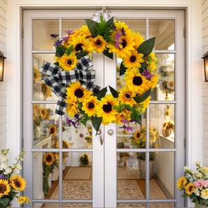 Couronne de tournesols artificielle pour décoration murale, <span class=keywords><strong>porte</strong></span> et fenêtre, avec nœud décoratif - Product Image 5