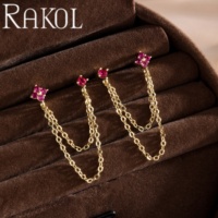 Anting-anting gantung rantai ganda RAKOL ZPE733 untuk wanita, anting tusuk 2 lubang, bertabur zircon kubik