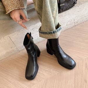 Bottines rétro décontractées et élégantes pour femme avec boucle de ceinture, bout en cuir véritable, imperméables, antidérapantes et à semelle compensée - Product Image 3