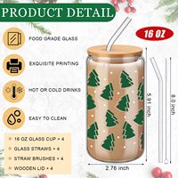 Mug à café/bière en verre de 16 oz avec logo de Noël vert personnalisé par le fabricant, avec couvercle en bambou et paille, idéal pour les cadeaux d'affaires