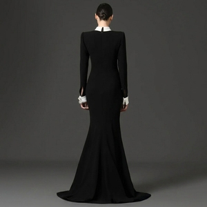 <span class=keywords><strong>Robe</strong></span> de soirée <span class=keywords><strong>noire</strong></span> style smoking, col blanc, poignets perlés, cravate ornée, maille transparente, bretelles en cristal, coupe sirène, avant-gardiste, pour bal de promo <span class=keywords><strong>et</strong></span> soirée, longue - Product Image 2