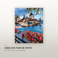 Kit de peinture par numéros Paysage de village en bord de lac avec château et bateau 40x30cm Peintures acryliques Pinceaux Toile numérotée Décoration murale Cadeau