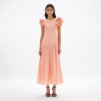 Nouvelle Robe Longue Plissée Pêche à Col Rond et Manches Courtes Volantées, Taille Haute Smockée, à Étages, Personnalisée pour Femme, Idéale pour les Vacances