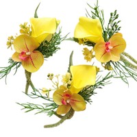 Corsages et bracelets floraux artificiels jaunes en lys calla et orchidées pour invités de mariage