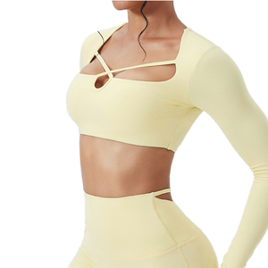 Nouveau design, haut de yoga sexy à manches longues, respirant, séchage rapide, avec logo frontal, pour la course, le sport, la gym, le fitness, col carré, pour femmes - Product Image 1