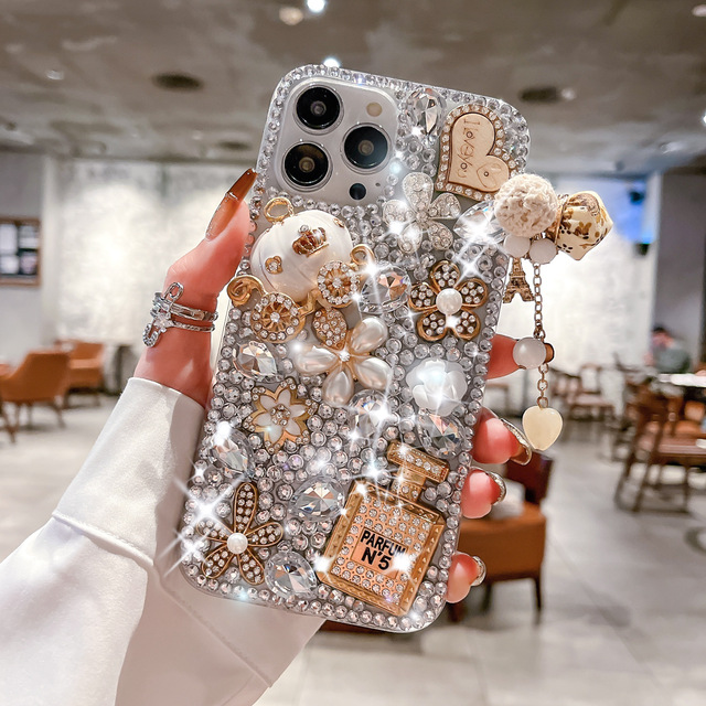 Luxury Design Crystal Diamond Perfume Bottle Pearl Flower Phone Case for iphone 17 16 Pro 15 14pro