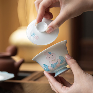 Hand Painted Rabbit Gaiwan Porcelain Covered <b>Teacup</b> With Lid For Kung Fu Tea Set Afternoon Tea Use - Product Image 1