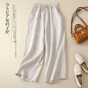 Women's Summer <b>Elastic</b> Waist Wide Leg Pants Solid Color Cotton Linen Casual Breathable Loose Fit Cropped Style - Product Image 2