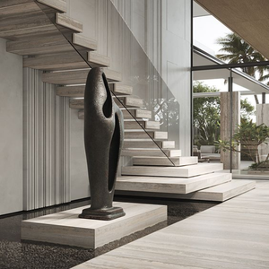 高級デザイン スチール製モノストリンガー浮遊階段 大理石/木製ステップ 浮遊階段 カスタム階段手すり付き - Product Image 5