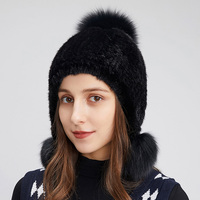 Gorros de invierno de punto de piel de visón genuino para mujer, Gorro con pompón de piel, gorro de bombardero, gorro de esquí de nieve Ushanka Trapper
