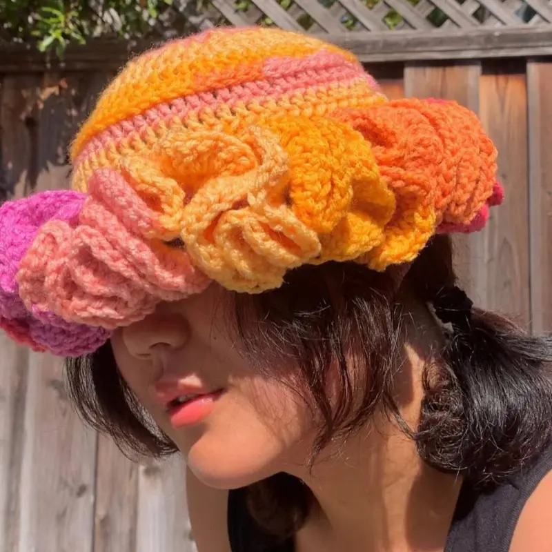 Hand-Knit Ruffle Wavy Brim Bucket Hat for Women Custom Logo Fishing Casual Wear Summer Beach Sun Beanie Handmade Crochet Hat