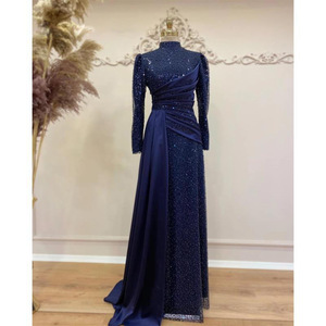 Robe de soirée longue en satin à col carré, entièrement recouverte de dentelle perlée, amincissante, élégante et discrète, fabriquée en usine - Product Image 3