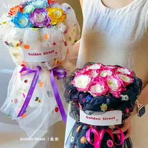 Aierflorist 2023新款彩色夏季系列浪漫玫瑰花束包裹纱网眼面料