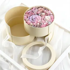 2021 Custom Made Packaging Box Double Layer Rotating PVC Open Window Fresh Rose Round Luxury Flower Box With Drawer