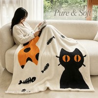 Plaid Doux Réversible Motif Chat Blanc Dessin Animé, Crème Orange à Pois et Motif Arête de Poisson, en Demi-Velours, pour Lecture, Détente et Loisirs