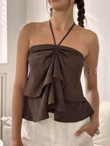 Chemise pour <span class=keywords><strong>femme</strong></span> à col halter, à volants, style européen et américain, à <span class=keywords><strong>décolleté</strong></span> <span class=keywords><strong>plongeant</strong></span>, sexy et audacieuse - Product Image 2