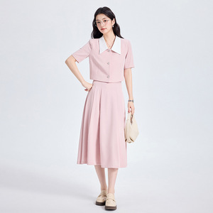 Women's Short Sleeve Blazer Suit Set Solid Color Crepe Summer Casual Skirt Two Piece Elegant Style - Product Image 3