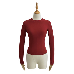 T-shirt côtelé à manches longues et col rond pour femme, couleur unie, tendance - Product Image 6