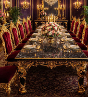 Ensemble table et chaises de salle à manger extra longues en bois massif de style palais européen, table avec plateau en marbre, table pour 12 personnes