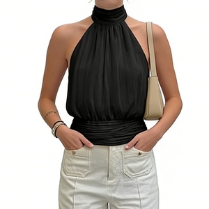 Top corto halter sin espalda para mujer, sin mangas, con lazo en la espalda, fruncido, tipo blusa/chaleco, para fiesta, a la moda - Product Image 2