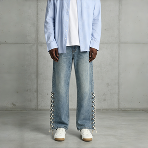 Unique Faded Light Blue Washed Loose Wide Leg Denim <b>Trousers</b> with Side Lace-up Design for <b>Y2K</b> Retro Streetwear Daily Casual - Product Image 1