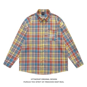 Chemise à manches longues unisexe style hip-hop américain brodée à carreaux avec col rabattu, idéale pour l'été – Livraison directe - Product Image 1