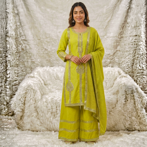 NiMa Creations Women's Lime <b>Green</b> <b>Silk</b> Salwar Kameez Gold Embroidery Traditional Indian Pakistani Casual Wedding Outfit - Product Image 1