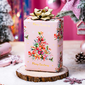 Rollo de Papel de Regalo Rosa de 17 Pulgadas x 33 Pies con Diseño Metálico de Árboles de Navidad y Bastones de Caramelo en Dorado - Product Image 1