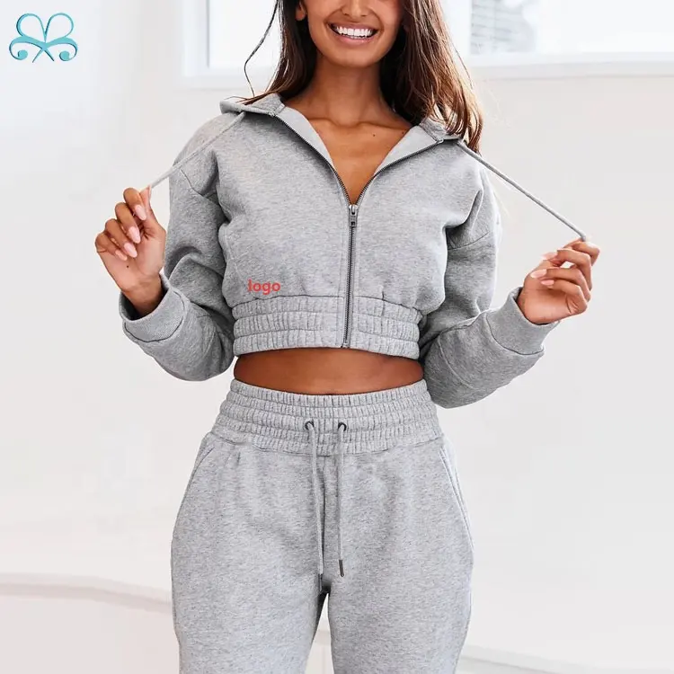 Oem Women Sports Cropped Cotton Hoodie with Drawstring Zip Pullover Athletic Crop Hoodie