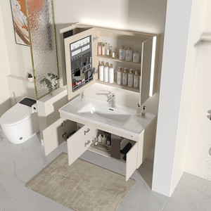 ตู้ห้องน้ำแบบครีมสไตล์ใหม่พร้อมอ่างล้างหน้าเซรามิกแบบรวมในตัว - Product Image 3
