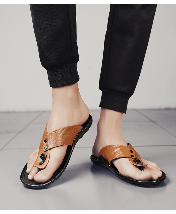 Cheap Men Leather Shoes Summer Beach Flat Flipflops Outdoor Non-slip Sandal Shoes
