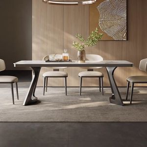 Table à manger de luxe en pierre frittée, ensemble de salle à manger rectangulaire moderne et minimaliste en acier inoxydable, 6 pièces pour petites maisons - Product Image 4