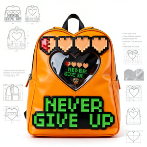 Mochila de Cuero PU con Diseño de Juego de Píxeles en Forma de Corazón Personalizada con Texto 'Never Give Up' para Fanáticos del Anime - Product Image 4
