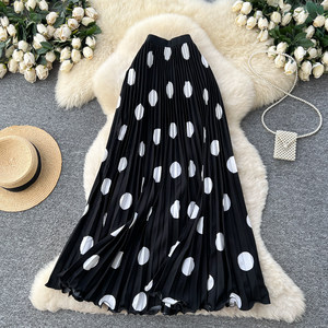 เดรสยาวทรงเอไลน์เอวสูงสไตล์วินเทจลายจุดจีบระบายหรูหราสำหรับผู้หญิง ช่วยพรางหุ่นให้ดูเพรียวบาง - Product Image 6