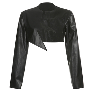 Fashion Street Wear PU Leather Irregular Cut Cropped Coats Custom Logo Open Stitch Bomber <strong>Jacket</strong> Womens - Product Image 3