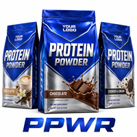 Sachet d'emballage personnalisé pour protéines de lactosérum PPWR, bleu métallisé, fond plat, avec votre logo, pour la nutrition sportive