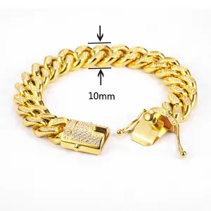 Factory Sale 8/10/12/14/16/18mm Stainless Steel Gold Plated HipHop Jewelry Miami Cuban Link Chain Bracelet With Full CZ Stone