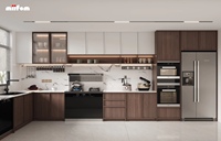 Lemari Dapur Kustom Laminasi Kayu Beige Dua Warna dengan Rak Pajangan Terbuka LED, Oven Terintegrasi, Kulkas, Modular untuk Apartemen