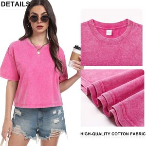 Camiseta Corta para Mujer, Estilo Acid Wash, Manga Corta, Cuello Redondo, Básica, Holgada, Veraniega, 100% Algodón Jersey, Transpirable - Product Image 3